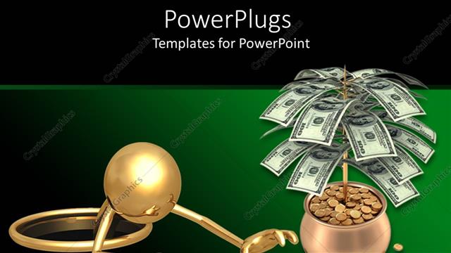  Presentation with money tree - Head and hands of 3D golden figure getting out of pit with hand trying to reach money coins from money tree