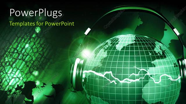  Presentation with green globe - Headphone with microphone on green earth globe with music playing