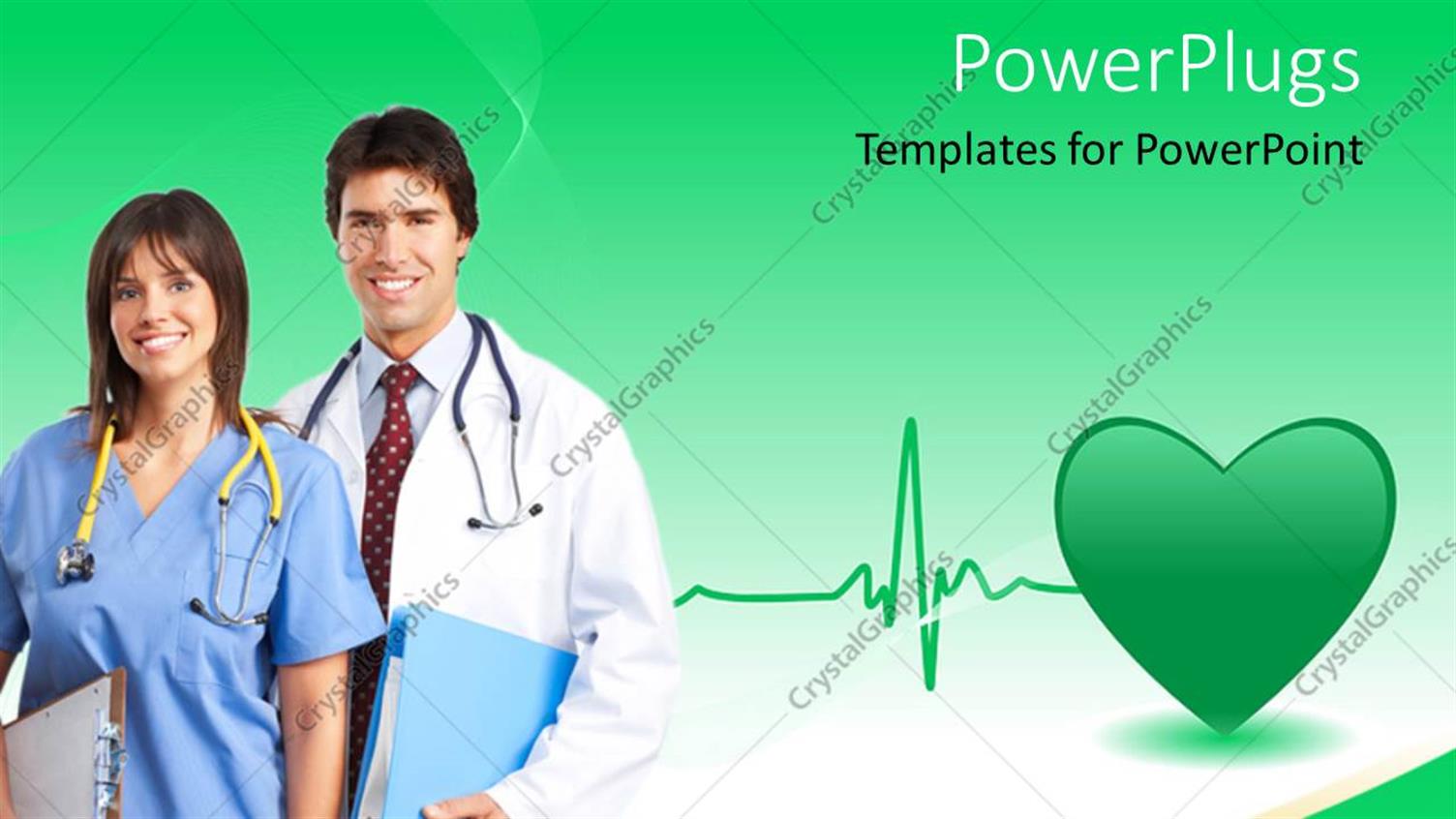 Featuring Health Depiction with Doctor Nurse and Green Heart Symbol