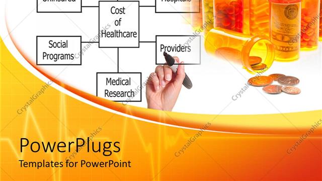  Presentation with marker - Health theme with yellow cans filled with colorful tablets, pills and capsules, money stacks, money bills and coins, female hand with black marker writing health related words on diagram