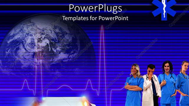  Presentation with ambulance - Healthcare theme with doctor and three smiling nurses ambulance speeding and heartbeat line with globe in the background