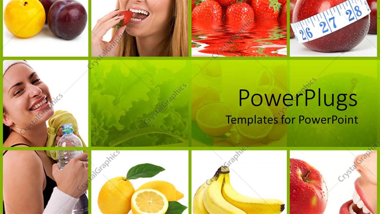 Featuring Healthy Diet with Collage of Depictions of Healthy Food and Fitness Exercising Bottle of Water, Lemons, Bananas, Apples, Strawberries, Plums and Measuring Tape