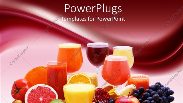  Presentation with wine - Healthy diet concept with multitude of various freshly cut fruits, vegetable and fruits, glasses of fresh juice made of fruits and vegetables, on gradient burgundy and white background