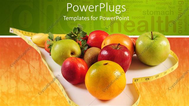  Presentation with diet - Healthy diet concept with various fruits inside a heart shape made of measuring tape with words related to health on green and orange background