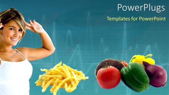  Presentation with bad - Healthy diet depiction, exercising lady and good and bad diet