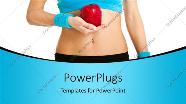  Presentation with hold hand - Healthy young woman in blue with red apple in hand over white background