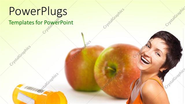  Presentation with pill bottle - Healthy young woman smiling with capsules from pill bottle and red apple