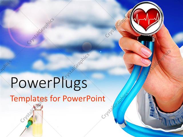  Presentation with cardiology - Heart health cardiology with stethoscope in doctor's hand, syringe, blue sky with cloud background