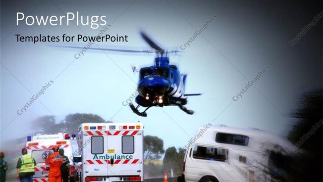  Presentation with three - A helicopter hovering round three ambulances in a scene