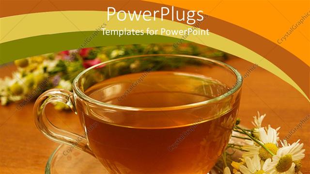  Presentation with peaceful - Herbal tea in a transparent cup with flowers on the side, peaceful background