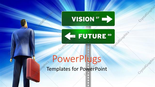  Presentation with future - 3D business professional gaze at road signs VISION st and FUTURE rd