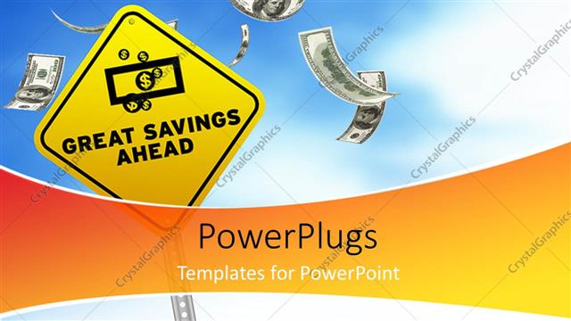  Presentation with dollar sign - Great savings ahead road sign with falling dollar bills