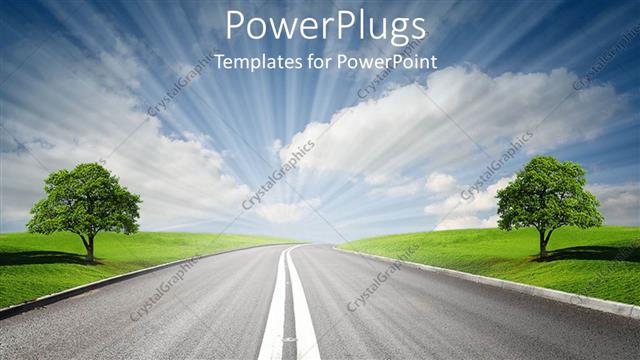  Presentation with field - Highway between green field and trees with cloudy sky