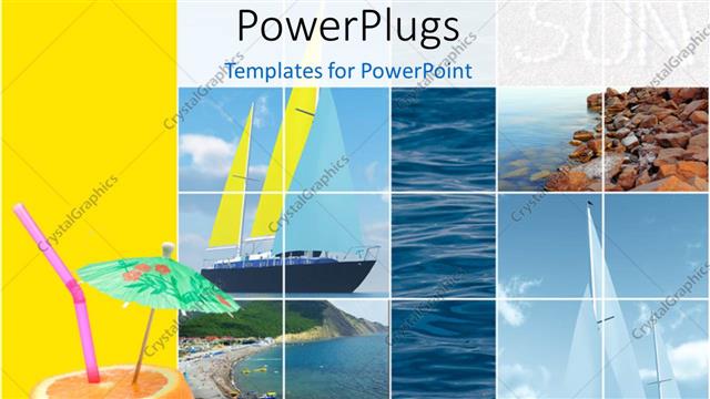  Presentation with holiday - Holiday depiction with collage of beach, yatch and parasol in fruit