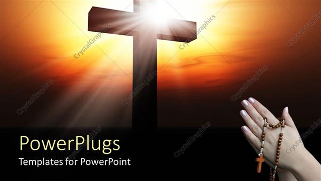  Presentation with cross - Holy cross with beautiful sunrise in background and woman with rosary