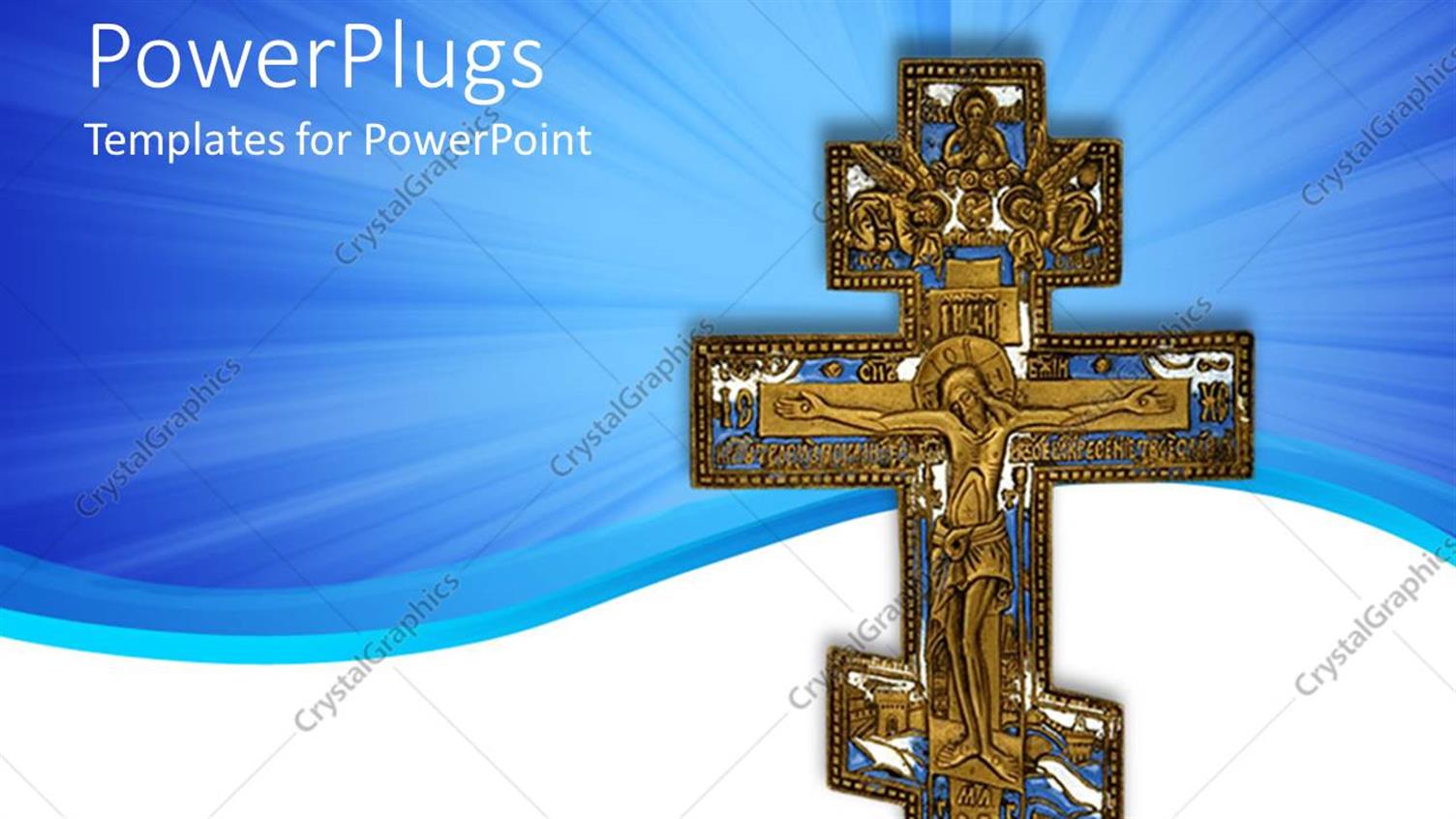 Featuring a Holy Cross with Bluish Background