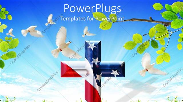  Presentation with flying - A holy cross with USA banner and a number of doves flying