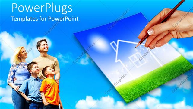  Presentation with ownership - Home ownership metaphor with family watching house being drawn with pencil