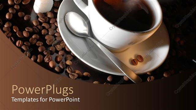  Presentation with sugar cubes - Hot cup of coffee with a spoon and three cubes of sugar