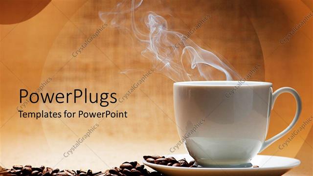  Presentation with beans - A hot white cup of coffee with beans on the side and brown background