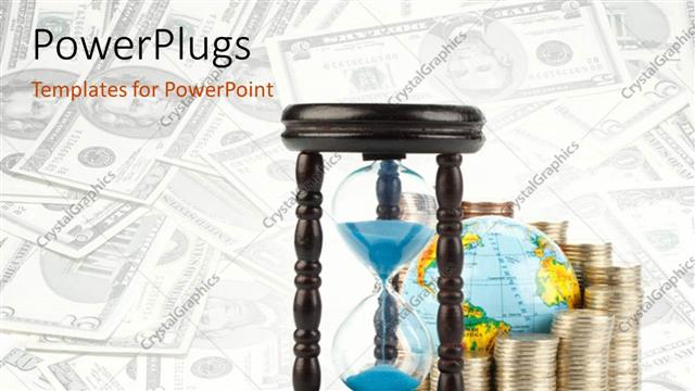  Presentation with time money - An hourglass with a number of coins in the background