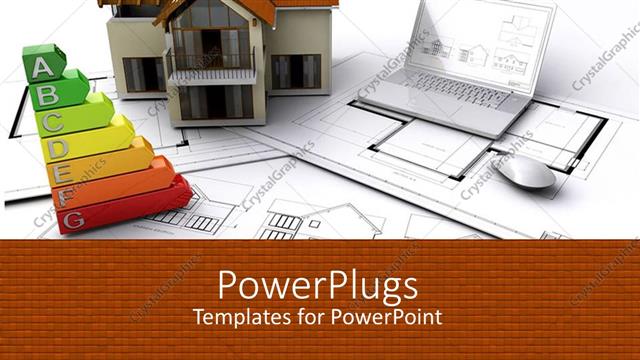  Presentation with under construction - House on construction next to hard-copy blueprints, laptop and energy ratings graph