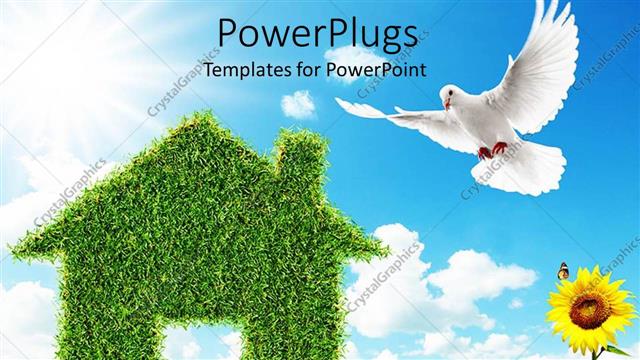  Presentation with dove - House made of green grass, sunflower, dove, blue sky, clouds, green living metaphor, sustainable, ecology