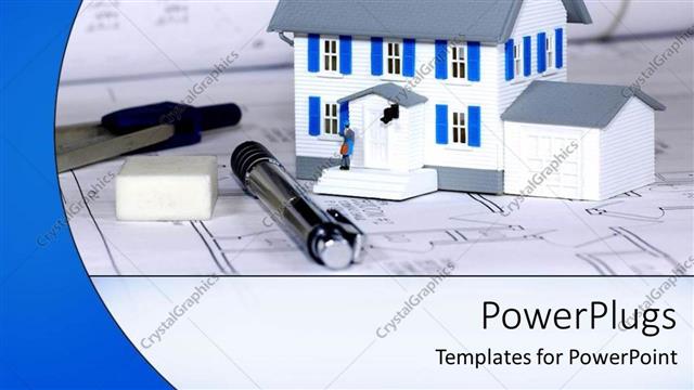  Presentation with construction tools - House model on construction drawings blueprints and construction engineer tools