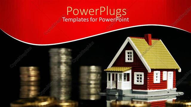  Presentation with real estate - House model next to stack of coins in black background