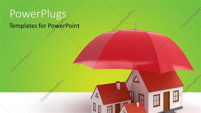  Presentation with under umbrella - House models under the umbrella depicting property insurance with green color