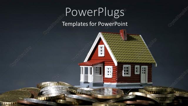  Presentation with investment - A house with a number of coins and greyish background
