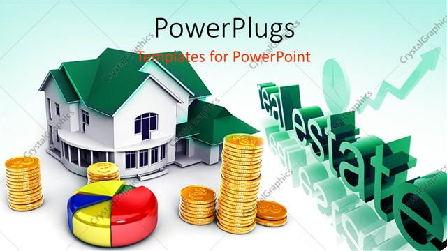  Presentation with real estate - A house with a number of coins and a pie chart