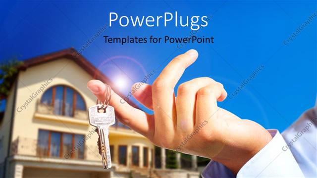  Presentation with real estate - House owner/real estate agent giving away the keys with house out of focus