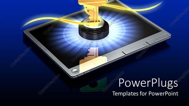  Presentation with touch screen - Huge brass key in lock on screen of touch tablet