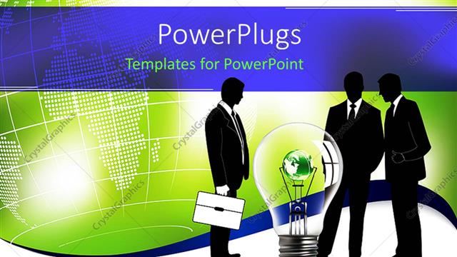  Presentation with green globe - Huge bulb with green globe inside with three businessmen around it
