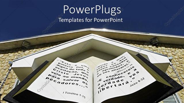  Presentation with open bible - Huge open 3D Bible in front of brown church