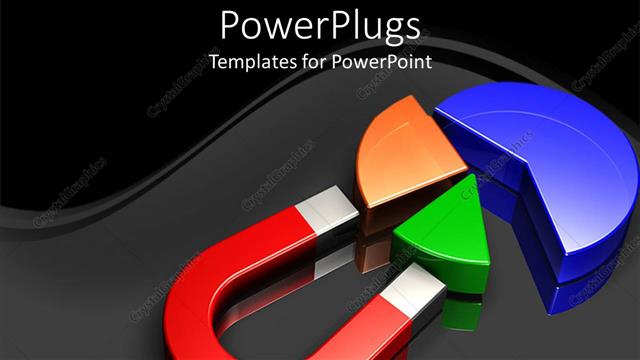  Presentation with magnet - Huge red magnet pulling two colorful pieces from blue pie chart