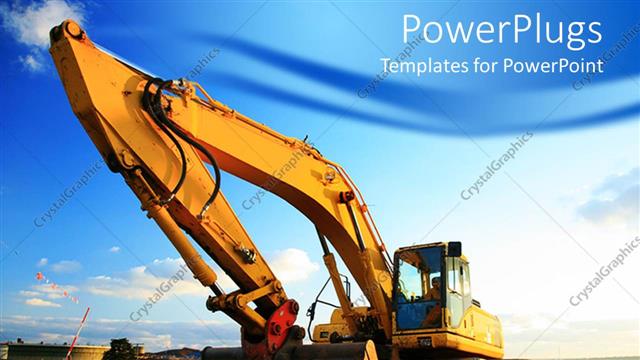  Presentation with excavator - Huge yellow excavator at construction site on muddy site