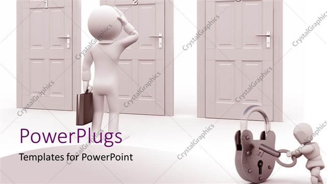  Presentation with padlock - Human character with briefcase trying to choose the right door amongst the three locked doors with padlock and key in foreground