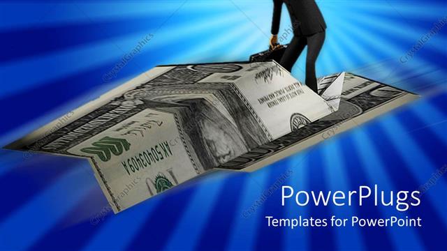  Presentation with plane - A human character on a dollar bill paper plane