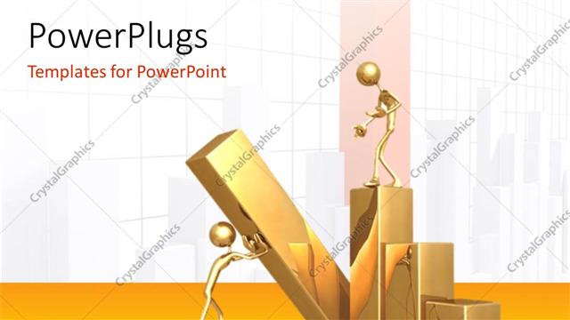  Presentation with golden light - Human character gliding the 3D golden bar while other standing with light bar graphs