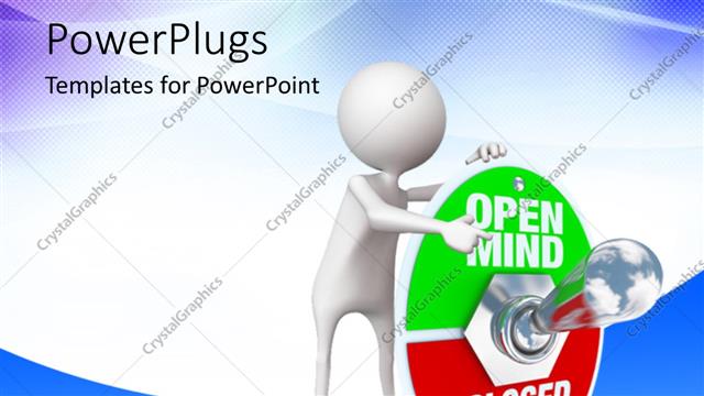  Presentation with human mind - Human character pointing towards metal toggle switch with plate reading open mind and closed mind
