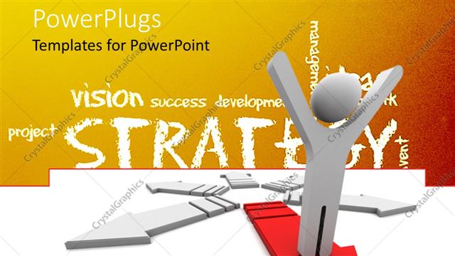  Presentation with strategy - Human character standing on forward 3d red arrow with strategy theme in background