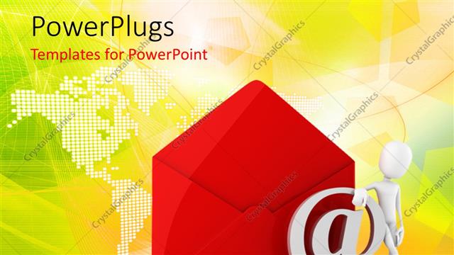  Presentation with mail - Human character standing next to mail envelope and symbol with world map in the background