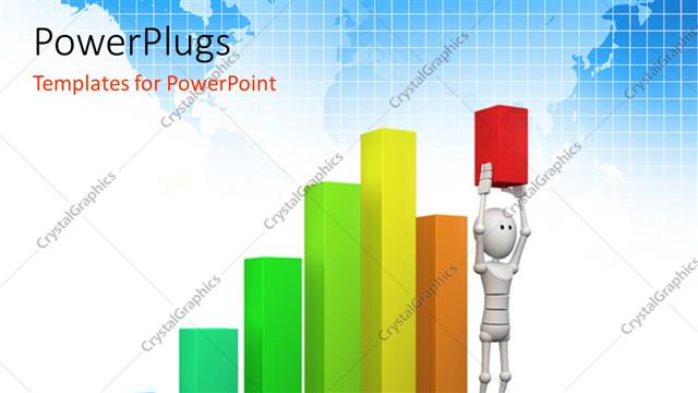 Presentation with last - Human character stands in a bar chart and raises the last bar above all others with world map