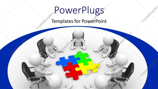  Presentation with round table - Human characters at a round table and colored puzzle pieces at the center of the table with white color
