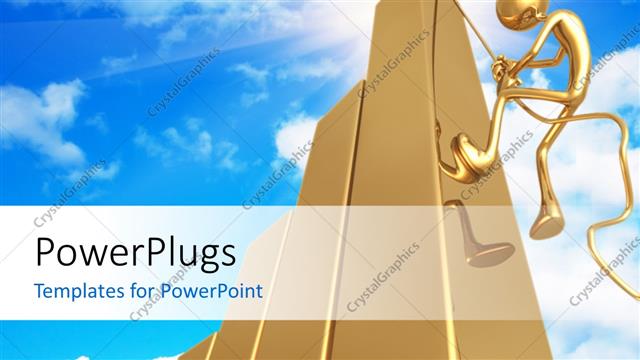  Presentation with climbing - Human figure climbing a 3D golden bar with sky in the background