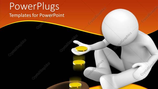  Presentation with beggar - Human figure sitting and counting gold coins into a hat