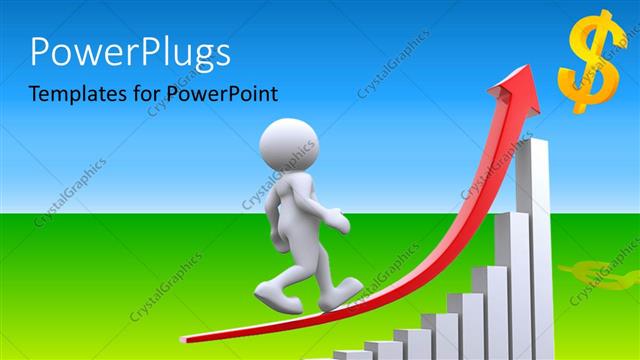  Presentation with dollar sign - Human figure walking up an ascending arrow toward a dollar sign on  graph