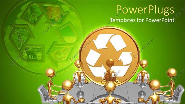  Presentation with recycle - Human figures having a meeting with a gold recycle symbol